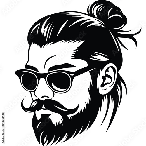 Stylish bearded man showcases trendy hairstyle, distinctive mustache, and fashionable sunglasses in bold monochrome
