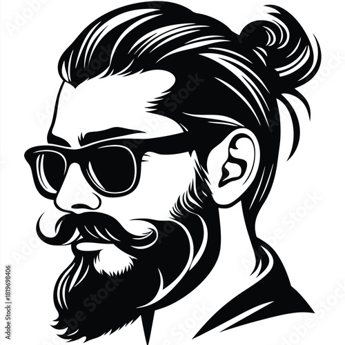 Stylish monochrome man with beard and sunglasses is looking right in black and white
