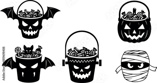 Halloween candy buckets with skull pumpkin and mummy designs vector illustration black and white spooky treat containers