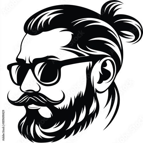 Silhouette depicts a bearded man wearing glasses with his hair in a top knot