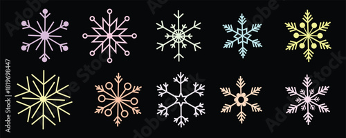 Color Glow Snowflake Mix, Black Neon Winter Flakes, Vivid Starry Flake Pattern