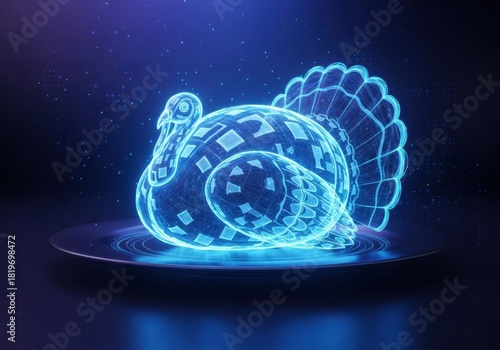 A glowing blue digital turkey rendered as a holographic wireframe on a dark background, representing futuristic holiday concepts