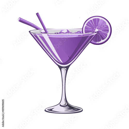 Refreshing purple cocktail with ice and lemon slice in martini glass
