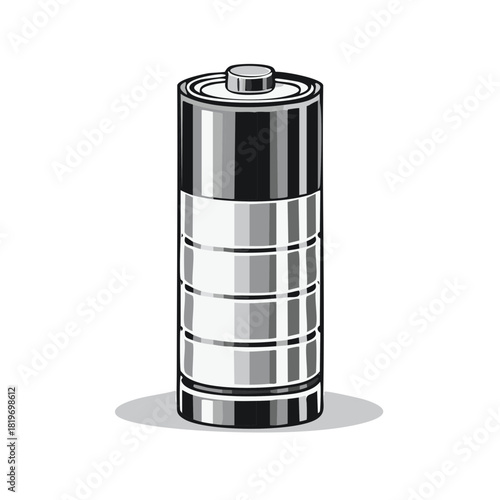 Isolated realistic illustration of a single cylindrical battery with metallic finish and distinct markings
