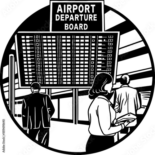 A mysterious coded message appearing on an airport board as travelers watch in confusion.