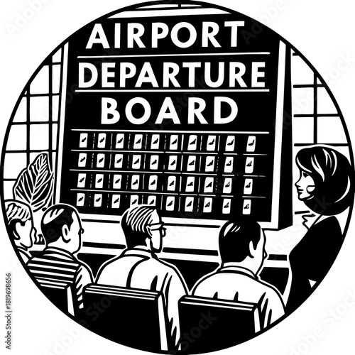 A mysterious coded message appearing on an airport board as travelers watch in confusion.