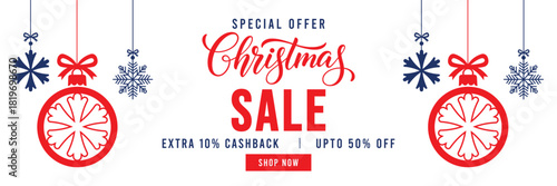 Special Offer Christmas Sale banner with elegant red script lettering, festive hanging ornaments, and snowflakes. Features 'Extra 10% Cashback' and 'Upto 50% Off' text with a red 'Shop Now' button, id