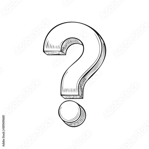 A 3D question mark rendered in a hand drawn sketch style with hatching and shading