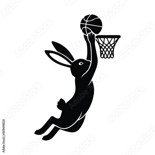 Rabbit dunking basketball in hoop silhouette. animal playing sport, playful character. Vector, illustration