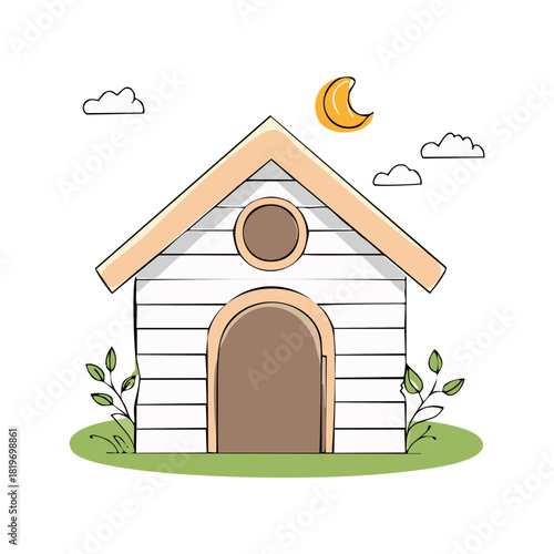 Charming Pet House Illustration with Crescent Moon and Soft Clouds in the Night Sky