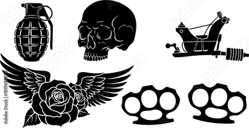 Vector illustration of skull grenade knuckle wings rose tattoo design elements black silhouette