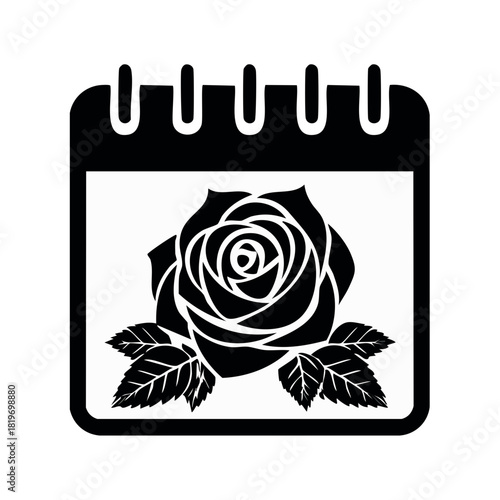 Black graphic calendar icon with rose flower silhouette marking a special romantic date or anniversary