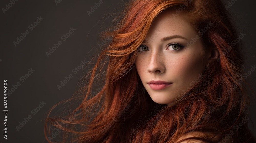 Fototapeta premium Close up portrait of a young caucasian woman with beautiful red hair and freckles gazing directly at the camera. Beauty, youth, skincare, and natural look concept.