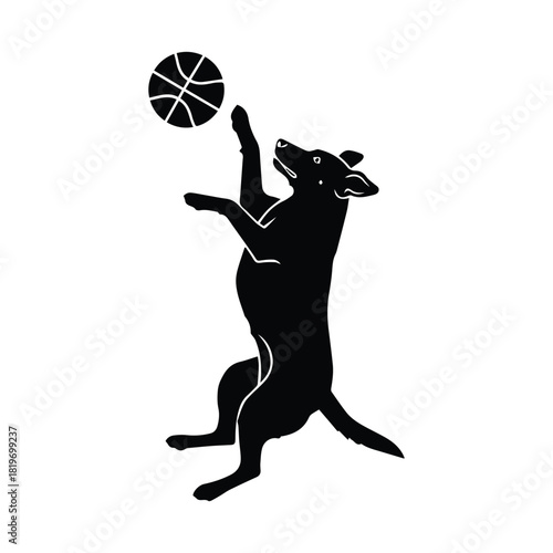 Dog playing basketball vector silhouette; canine pet engaged in sport game action Vector, illustration