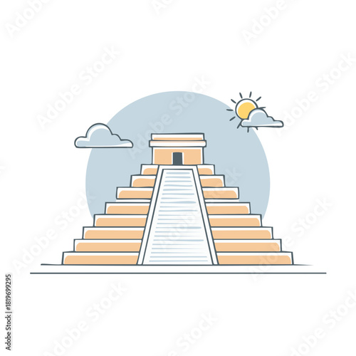 Ancient Mesoamerican pyramid with stairs and sun in the sky with clouds