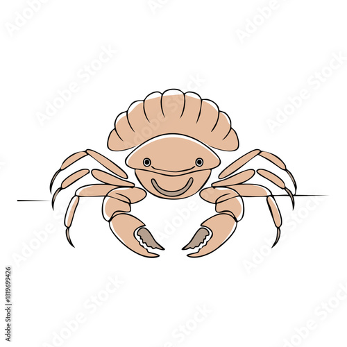 Cartoon crab graphic with smile and cute eyes, comical crustacean in vector format, sea life illustration