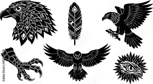 Tribal eagle head wings claws feather black and white vector illustration set