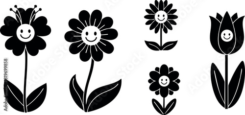 Smiling cartoon flowers black silhouette vector illustration with leaves and stems cheerful design