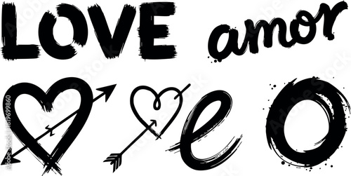 Love hearts arrows hand drawn brush style vector illustration with amor and circle design elements