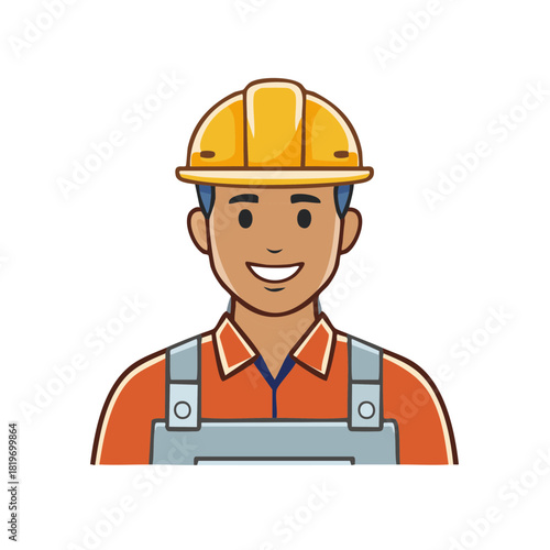 Smiling construction worker wearing hard hat and overalls friendly professional portrait