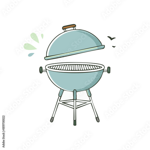 Cartoon illustration of a barbecue grill with open lid. Barbecue or BBQ concept.