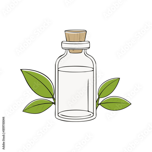 Natural glass bottle with cork stopper and green leaves vector illustration for organic products
