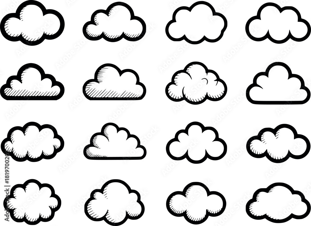 Obraz premium Twelve Hand Drawn Black and White Cloud Shapes Doodle Sketch Style Set Traced Vector Illustrations