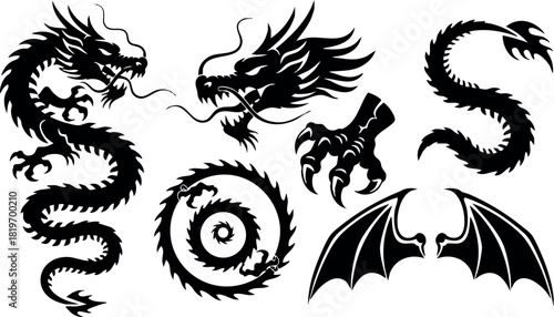 Asian dragon vector illustration with dragon parts and wings in black silhouette style detailed design