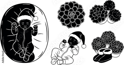 Baby in winter outfit with santa hat and mittens lying on cushion and sitting with winter boots vector illustration