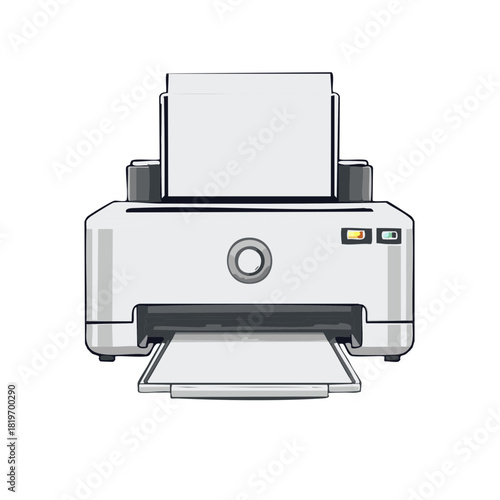 Modern digital printer device with paper output and input tray graphic illustration