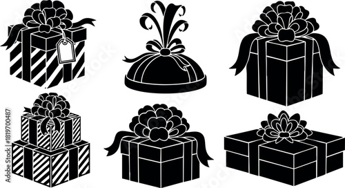 Gift boxes with ribbons and bows vector illustration decorative packaging design black silhouettes