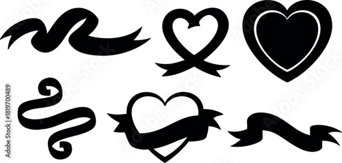 Collection of simple black heart ribbon vector design elements for decoration and graphic projects