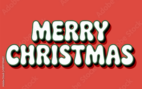 Merry christmas text in a playful retro-style white font with green outline and shadow effect on a festive red background, holiday greeting