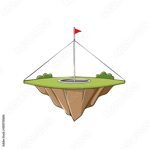 Floating island golf course with a putting green hole and a red flag cartoon illustration concept