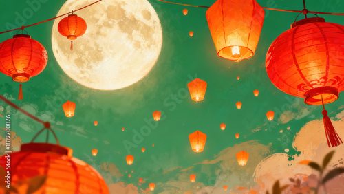 Ancient-Style Illustration Scene with Full Moon and Red Lanterns