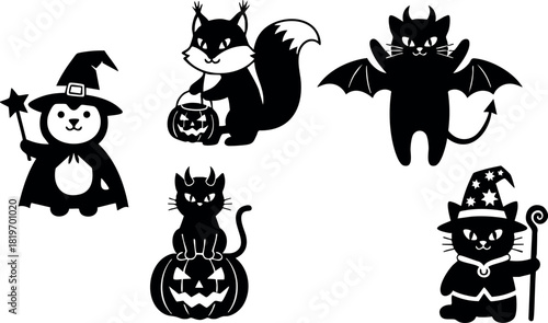 Halloween animals in costumes black silhouette vector illustration with cat fox bat owl and pumpkin