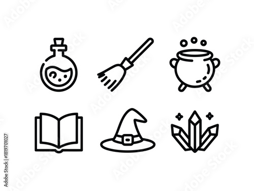 Line art icons of witch items including potion and broomstick
