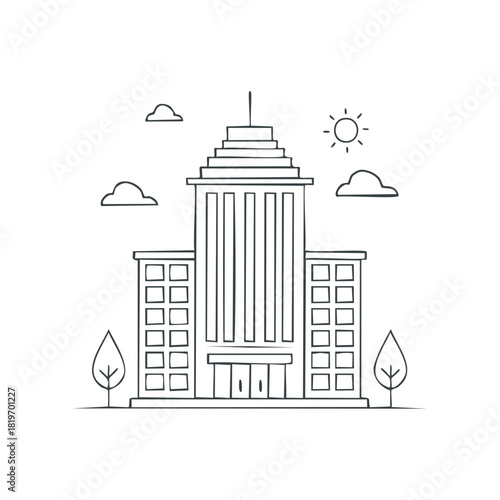 Minimalist line art office building cityscape architecture illustration with sun and clouds