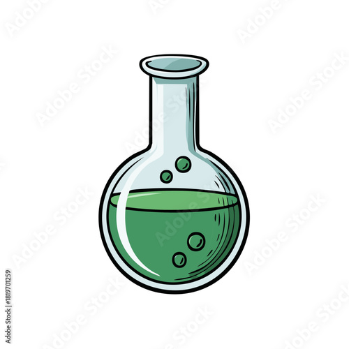 Round bottom laboratory flask filled with green liquid and bubbles