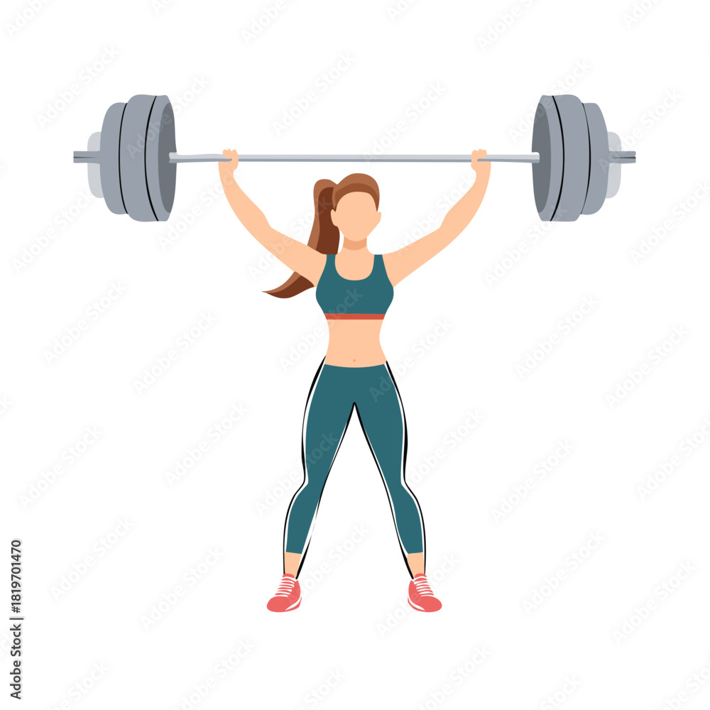 Obraz premium Woman lifts heavy barbell overhead during weightlifting workout representing strength and fitness
