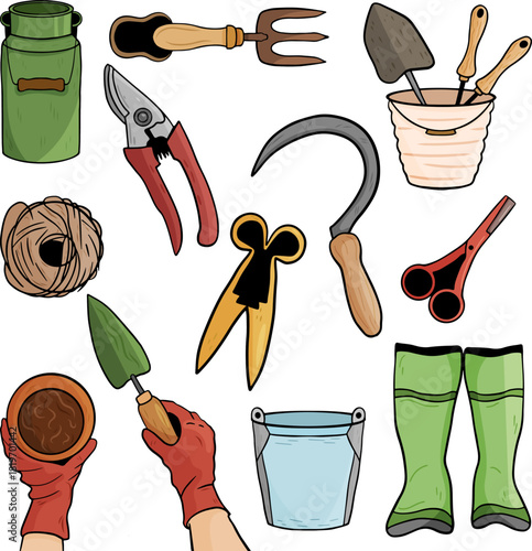 A colorful hand drawn vector illustration set of essential gardening tools. Includes gloves, trowel, garden fork, pruners, boots, twine, bucket. Element isolated on white background.