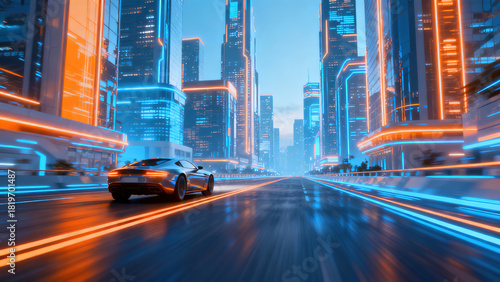 Cyber-Style Neon Sports Car Future City Street
