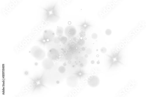 Abstract background of glittering vintage lights in silver and white. Sparkling particles and stars create a magical festive effect on a transparent background suitable for holiday PNGs.