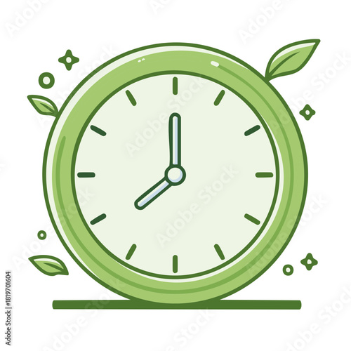 Stylized green clock with leaves and sparkles representing nature and timekeeping