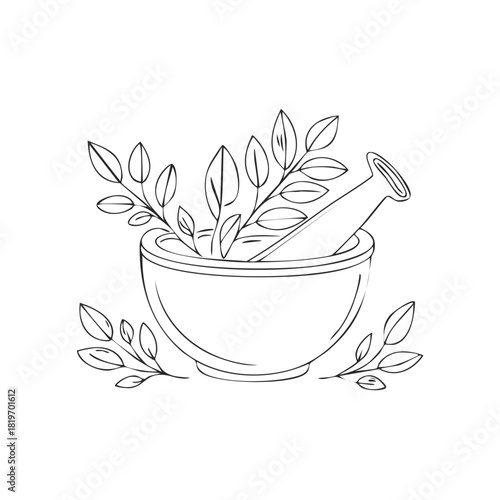 Botanical Mortar and Pestle Line Art Illustration with Leaves for Herbal Medicine and Aromatherapy