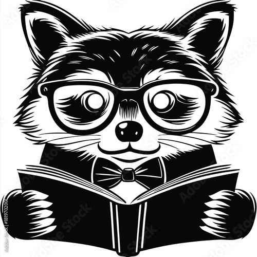 Monochrome raccoon with glasses and bow tie reading a book appears very sophisticated