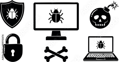 Computer virus malware threat icons with protection and security symbols vector illustration