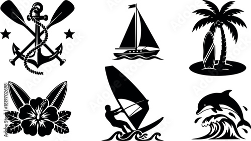 Nautical and tropical summer icons with anchor sailboat palm flower windsurf dolphin vector illustration