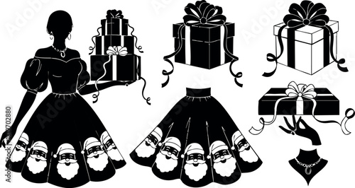 Retro woman holding gift boxes with santa claus skirt pattern black and white vector illustration