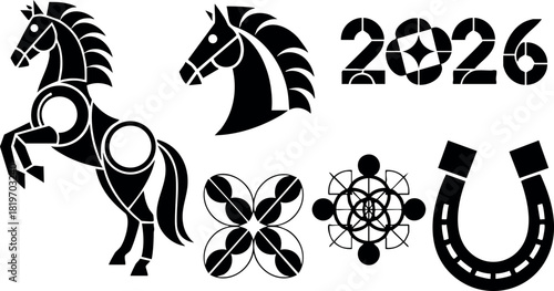 Mechanical horse chess knight 2026 year symbols vector illustration black silhouette